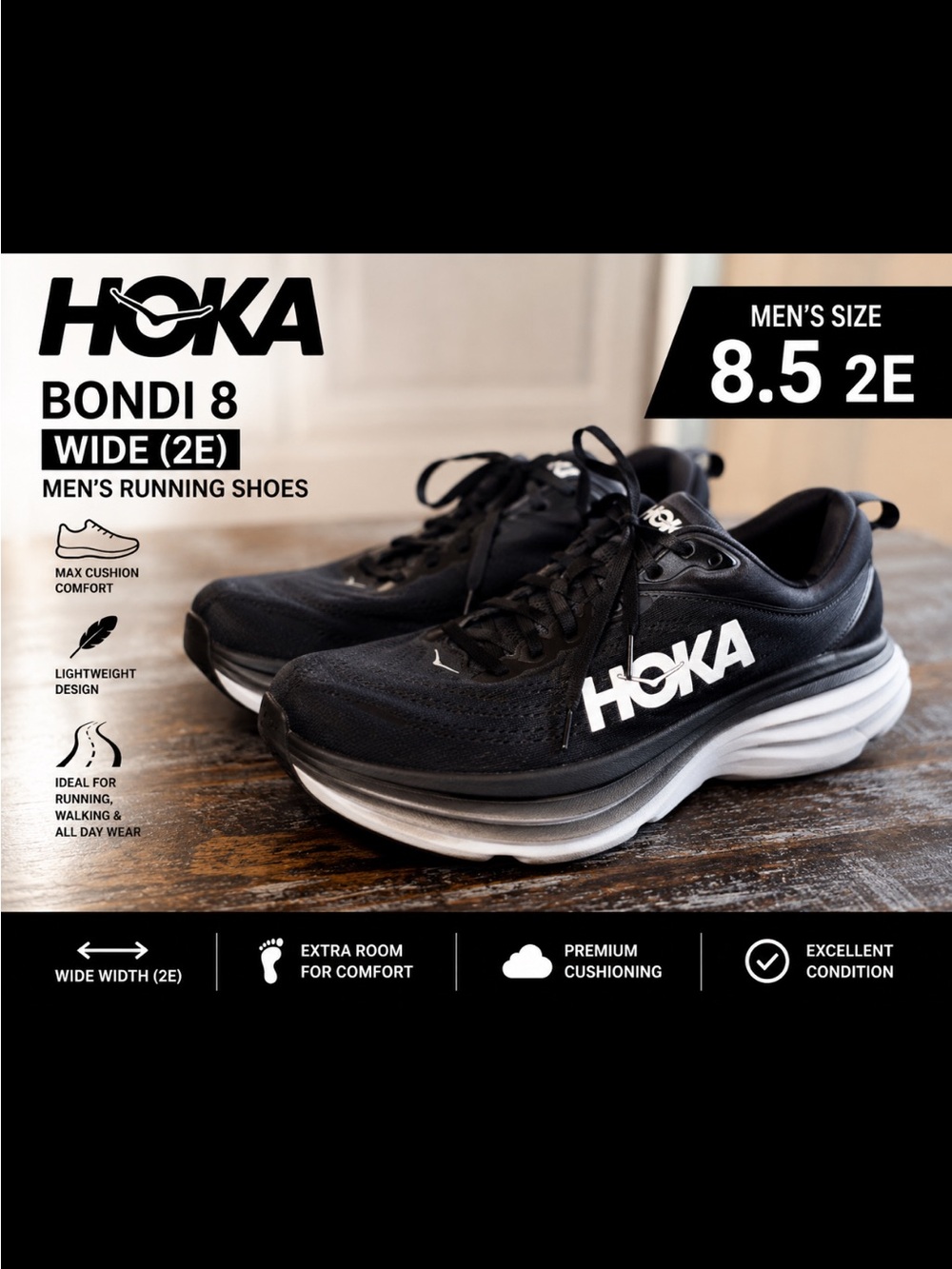 Hoka One One Bondi 8 Wide - Black with Blue Logo